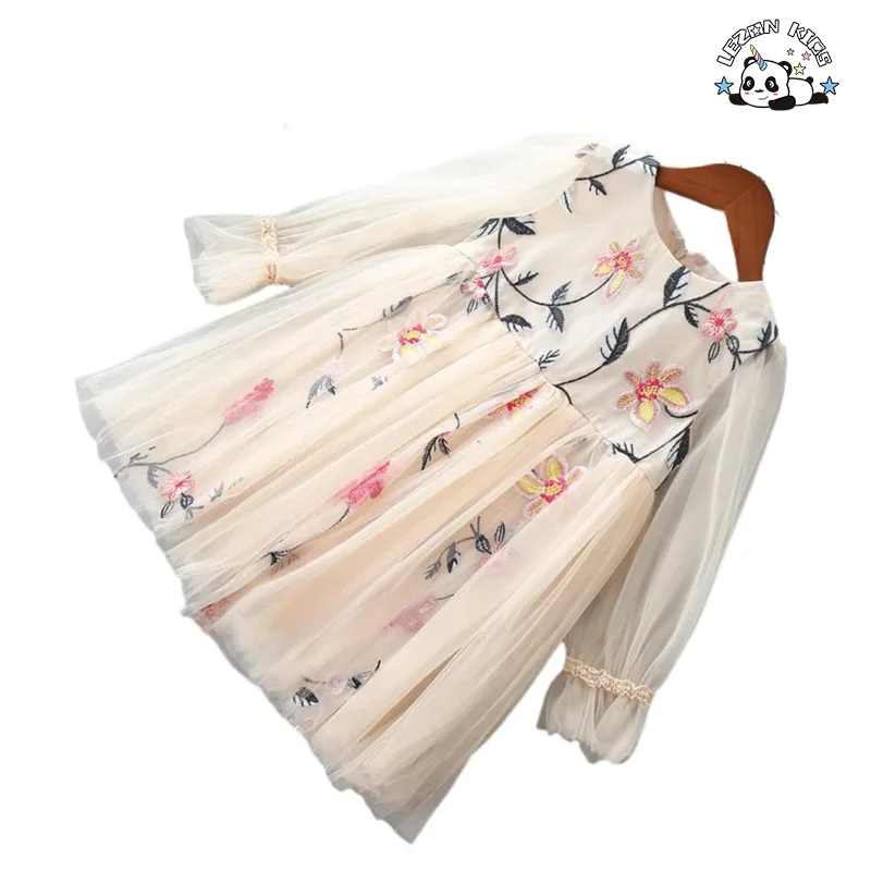 LEZONKIDS - Girl's Embroidery Flower Tulle Princess Dress Long Sleeves Cute Winter Clothing for Toddlers Aged 2-14 Years
